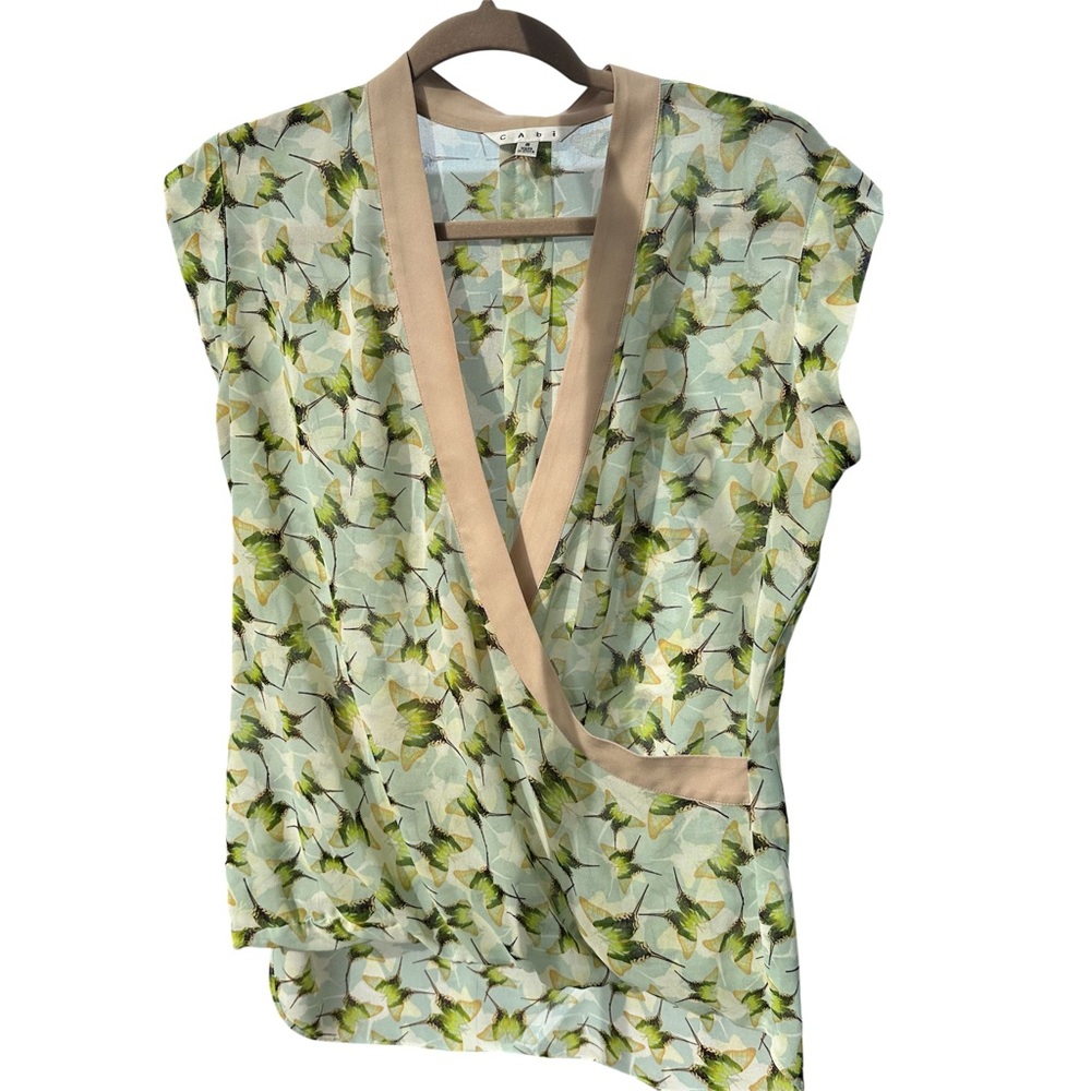 CABI Blouse Faux Wrap Butterfly Print Semi-Sheer Blue Green Tan Size Small